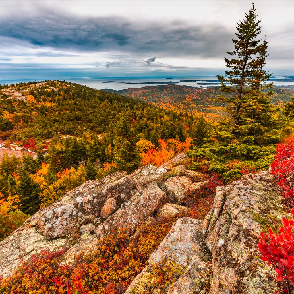Acadia National Park in Maine with autumn foliage, rocky cliffs, and ocean views. Transportvibe